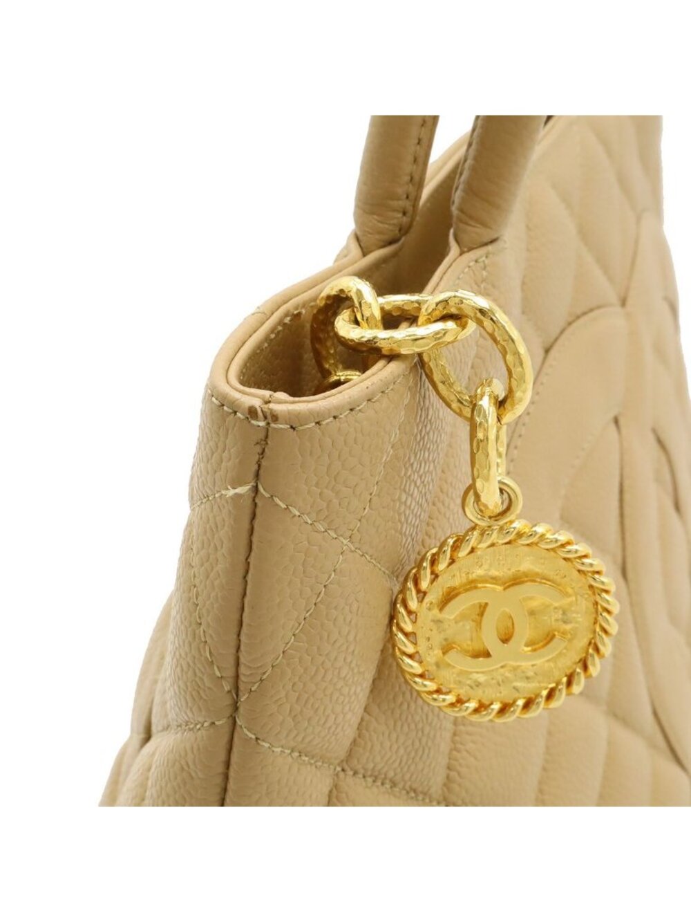 Chanel Quilted CC Logo Medallion Tote Shoulder Bag Caviar Leather Beige Gold - Picture 5 of 9